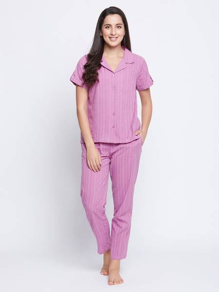 Clovia Women Striped Purple Shirt & Pyjama set