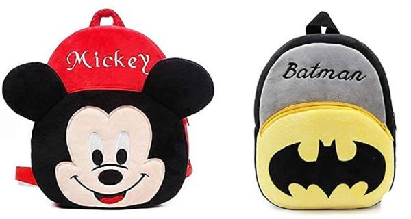 AGS MART Soft Toy Bag MICKEY AND BATMAN Plush Bag For Cute Kids 2-5 Years Plush Bag (Multicolor, 11L) PACK OF 2 Waterproof School Bag