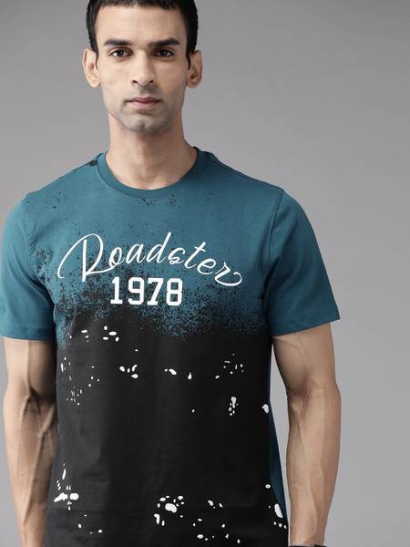 Roadster Printed Men Round Neck Dark Blue T-Shirt