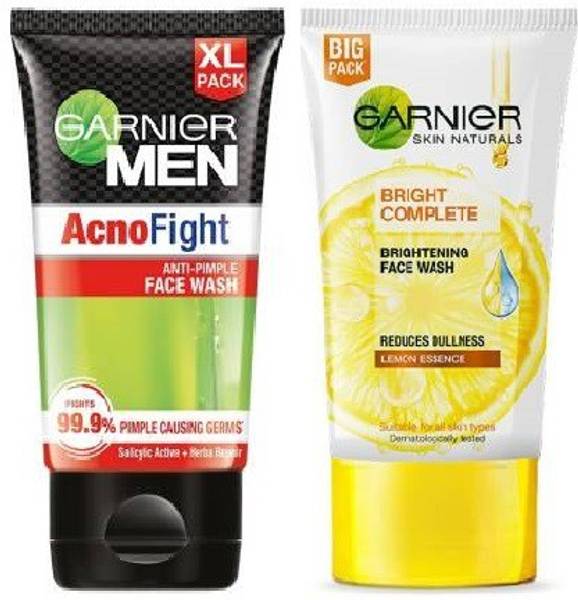 GARNIER Men Acno Fight Anti-Pimple Facewash for Acne Prone Skin, 150g And Bright Complete VITAMIN C Facewash, 150g Face Wash