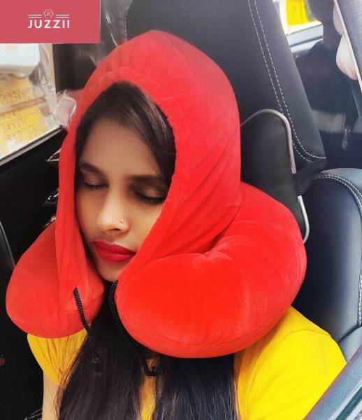 Juzzii Unisex Velvet Hoodie Neck Pillow Great for Long Road Trips and Flights - Red Hoodie Neck Pillow