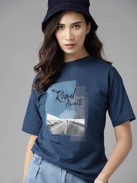 Roadster Printed Women Round Neck Blue T-Shirt