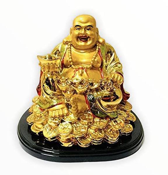 TIRALS Laughing Buddha Sitting on Luck Coins and Carrying Ingot potli , Happy Man for Good Luck, Wealth, Prosperity at Home, Office Decorative Showpie...