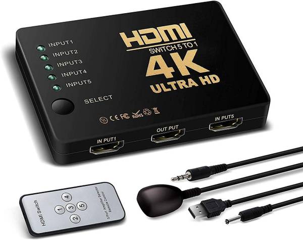 microware TV-out Cable HDMI 5 Port Intelligent 5 in 1 Out Switch Splitter Supports 4K Ultra HD Full HD1080p 3D with IR Remote
