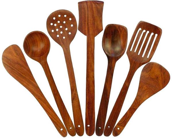 Green Wood WOODEN KITCHEN TOOL SET brownish yellow( Cooking Spoon, Spatula, Ladle,) Kitchen Tool Set