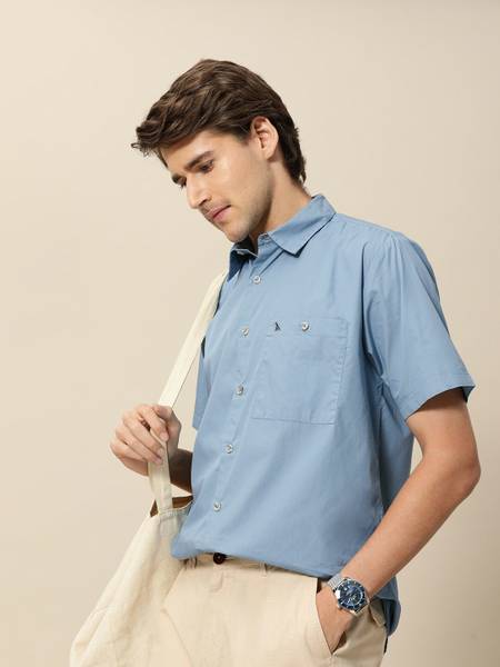 Mr Bowerbird Men Solid Casual Blue Shirt