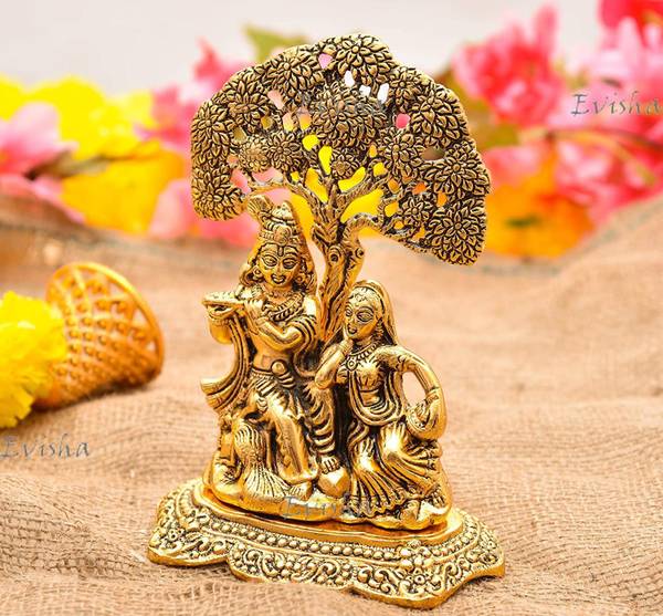 Koolwal craft Metal Radha krishna sitting under tree playing flute Decorative Decorative Showpiece - 14 cm