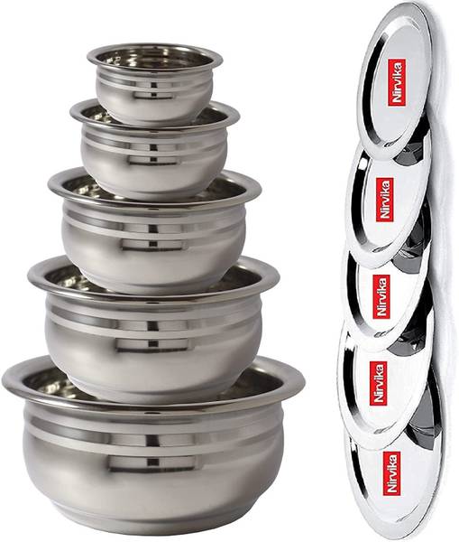 Nirvika Cookware set urli /biryani handi/tope/serveware/storeware steel handi set of 5 Piece with lid 2.1 L, 1.6 L, 1.1 L, 0.8 L, 0.5 L (Gas and Induc...
