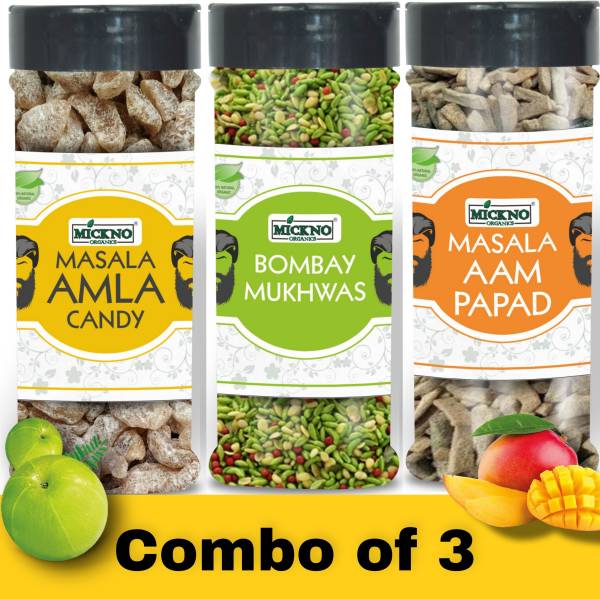 mickno organics Combo of 3, Amla Candy, Masala Aam Papad, Bombay Mukhwas Mix (150g Each) Mouth Freshener, Digestive Candy