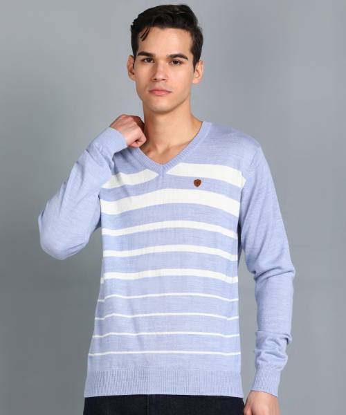 Raymond Striped V Neck Casual Men Blue Sweater Price History