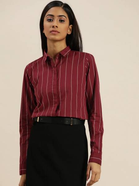 Hancock Women Striped Formal Maroon Shirt