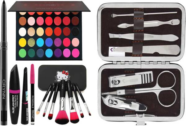 URBEN QUEEN Rosedale Beauty 3in1 Eyeliner Mascara Eyebrow Pencil & Kitty Set of 7 Makeup Brush & Glazed Color Studio Eyeshadow Palette