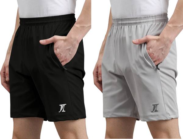 INDICLUB Solid Men Black, Grey Regular Shorts, Sports Shorts, Beach Shorts