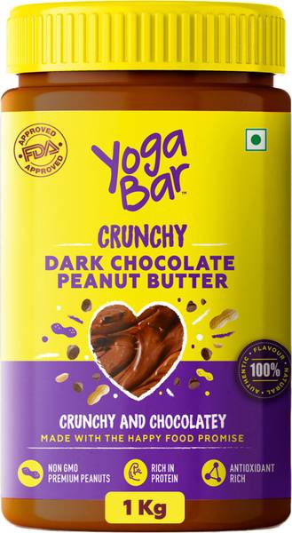 Yogabar Crunchy Peanut Butter 1kg | Dark Chocolate Peanut Butter with High Protein &amp; Anti-Oxidants | Creamy, Crunchy &amp; Chocolatey | Non GMO Vegan Peanut Butter | Contains no Palm Oil or Preservatives 1 kg