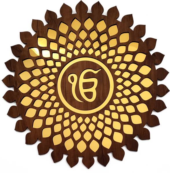 SUNSIGNS Ek Omkar Sikh Religious God Idol for Home / Office, Round Shape, Size 24 inches Wooden Colour, Lazer Cut Jaali along with Golden Mirror