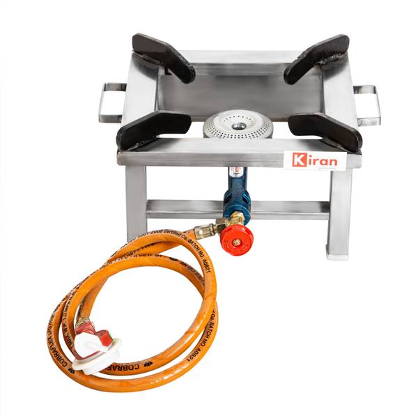 kiran Gas stove/Bhatti with Brass nut hose pipe, High Pressure Regulator and valve Stainless Steel Manual Gas Stove