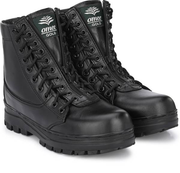 Middle Point Boot OMEE GOLD Men's Black Middle-Zip Light Weight Genuine Leather Military ...