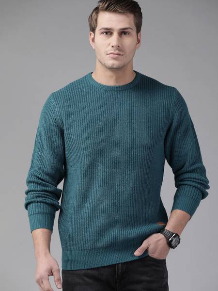 Roadster Woven Round Neck Casual Men Green Sweater