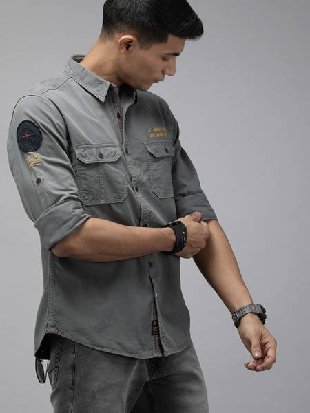 Roadster Men Embroidered Casual Grey Shirt