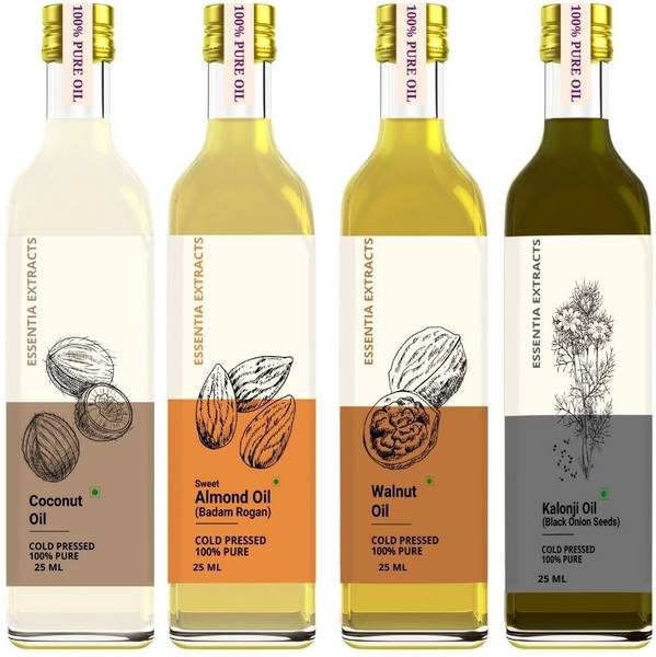 ESSENTIA EXTRACTS Combo of Almond Oil , Walnut Oil , Kalonji Oil and Coconut Oil - 4 Glass Bottles