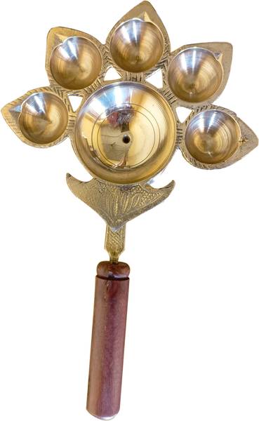 Craft World Panch Aarti Diya with Wooden Handle Panchmukhi/Pancha Pradip for Puja(H-2.5Inch) Brass Table Diya