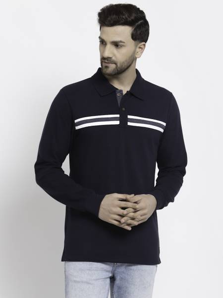 KALT Striped Men Polo Neck Dark Blue T-Shirt