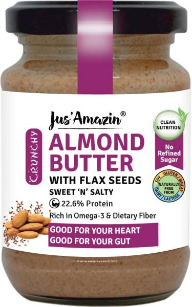 Jus' Amazin Crunchy Almond Butter With Crunchy Flaxseeds (125g) | 22% Protein | Plant-Based Nutrition | 86% Almonds | Rich in Omega-3 | Zero Chemicals...
