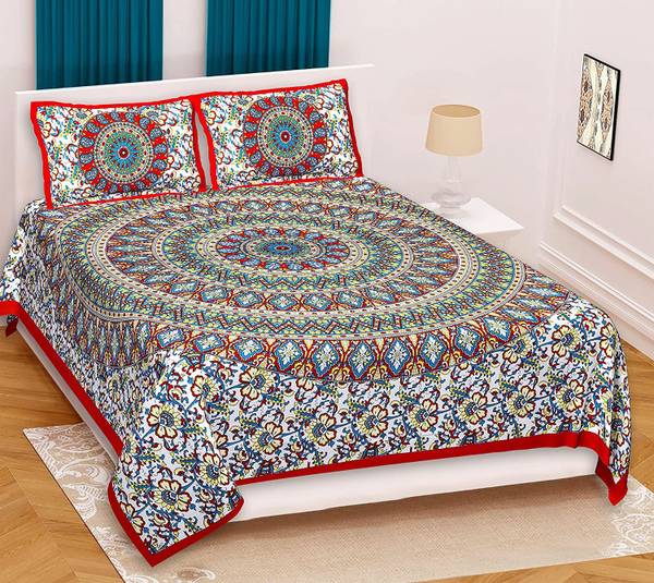 ETHNICO 104 TC Cotton Double Jaipuri Prints Flat Bedsheet