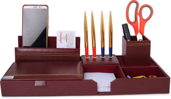 RASPER 8 Compartments Brown Genuine Leather Multipurpose Desk Organizer Stylish Pen Stand With Mobile Remote Stand Memo Pad Holder Office Table Organi...