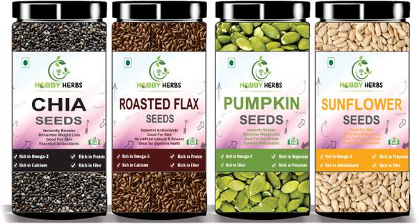 Hobby Herbs 400g ( 4 x 100g ) Roasted Flax | Raw Chia | Raw Pumpkin | Raw Sunflower Seeds Chia Seeds, Roasted Flax Seeds, Pumpkin Seeds, Sunflower See...