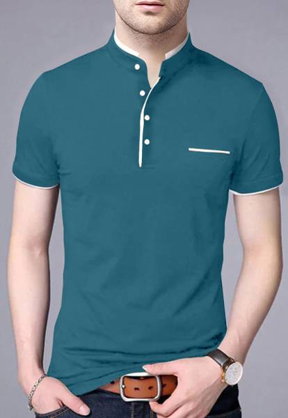 AUSK Solid Men Mandarin Collar Blue T-Shirt