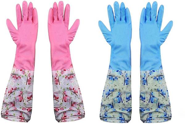 MAAUVTOR Reusable PVC Latex Hand Gloves for Kitchen Cleaning, Glove Set (Pack of 2) Wet and Dry Glove Set