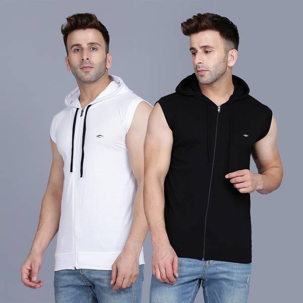 Menkovy Solid Men Hooded Neck White, Black T-Shirt