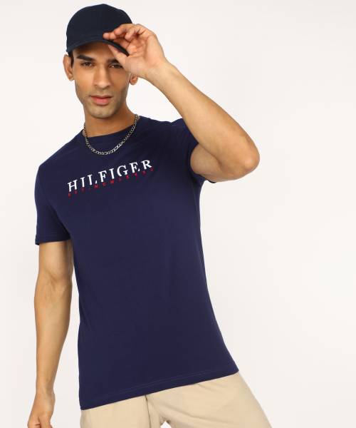 TOMMY HILFIGER Typography Men Round Neck Dark Blue T Shirt Price