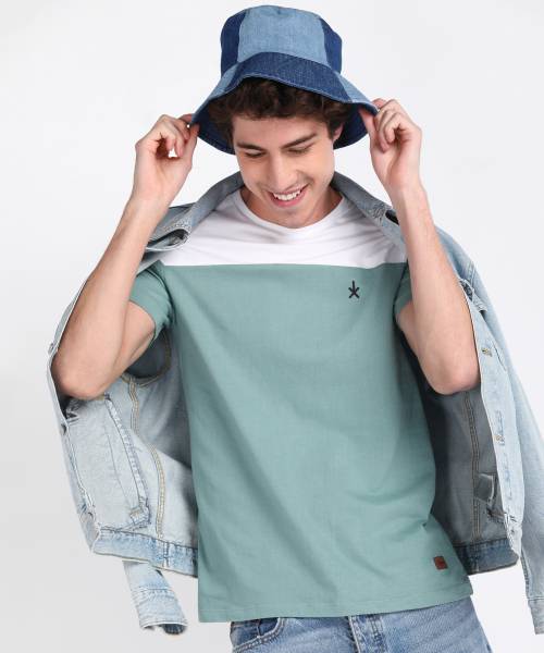 Roadster Colorblock Men Round Neck Green, White T-Shirt