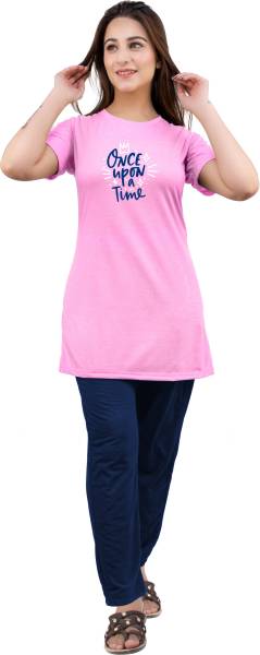 URBE Women Printed Pink, Blue Top & Pyjama Set