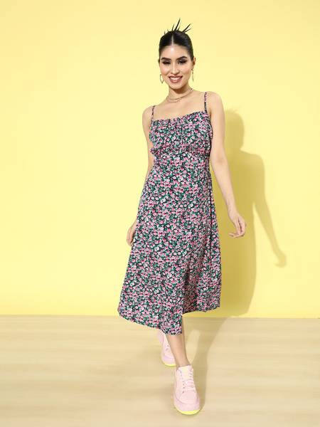 PLUSS Women A-line Multicolor Midi/Calf Length Dress