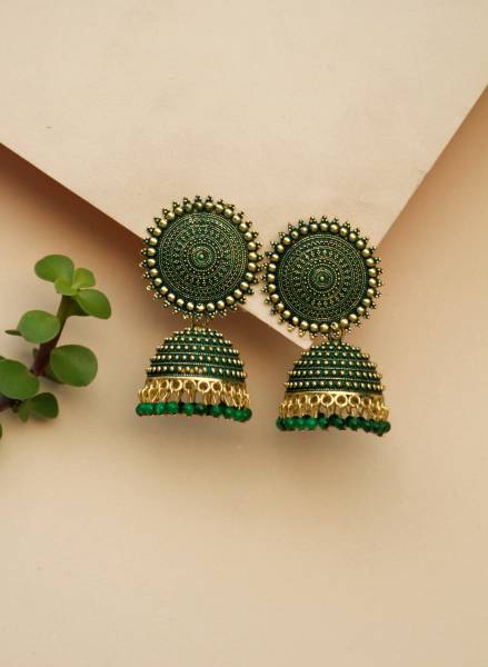 chandbali Green Pearl Work Beads Alloy Jhumki Earring