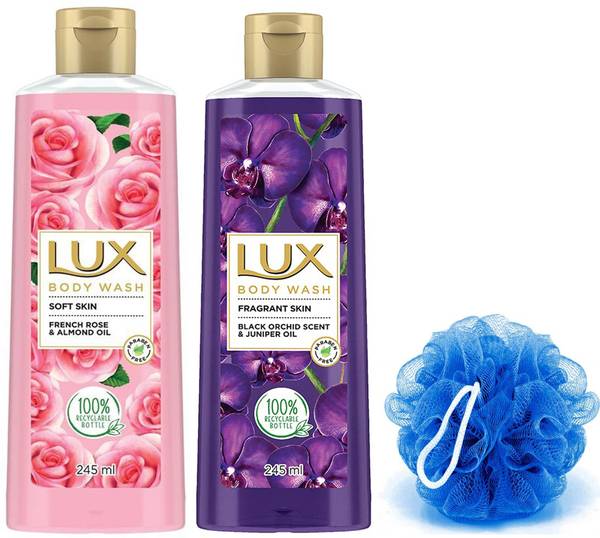 LUX Fragrant + soft Skin, Soft Touch Body Wash, 2x245ml With 1 Loofah