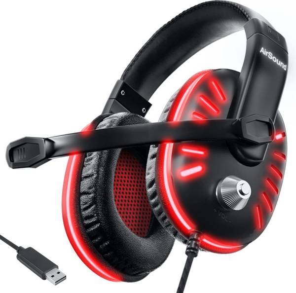 AirSound Gaming Over-Ear Headset Headphone| Red LED Lights| 7.1 Surround Sound Wired Headset