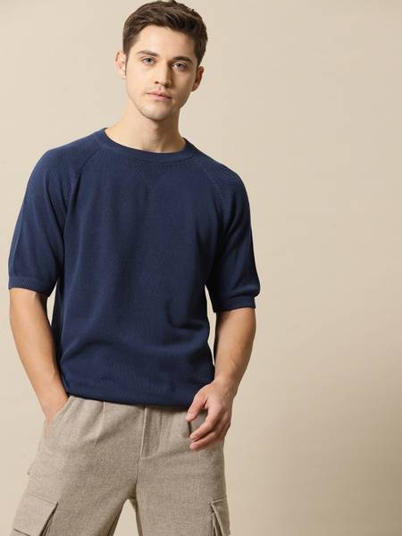 Mr Bowerbird Solid Men Round Neck Navy Blue T-Shirt