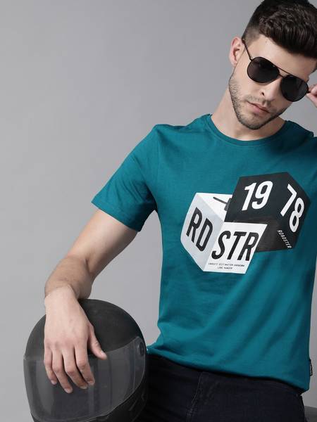 Roadster Printed Men Round Neck Dark Blue T-Shirt