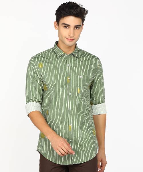 Peter England University Men Striped Casual Green Shirt