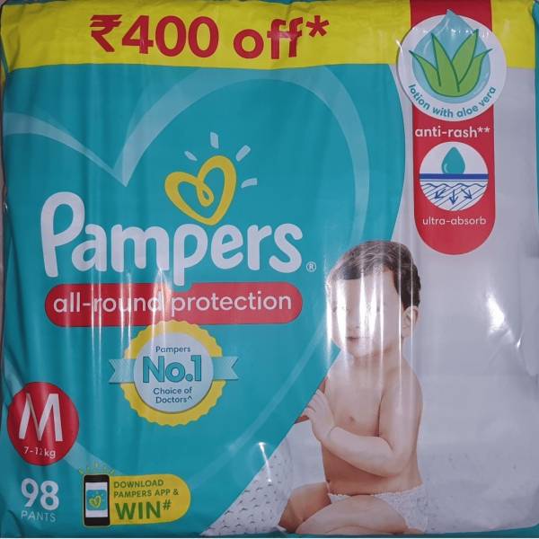 Pampers Medium size baby diapers 98 peace, Lotion with Aloe Vera - M Size - M