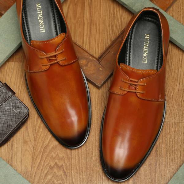 MUTAQINOTI Russet Tan Patent Leather Formal Derby Lace Up Shoes for men (MQVXPLTN) 9 UK Casuals For Men