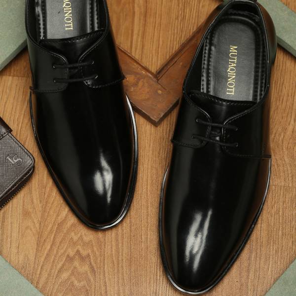 MUTAQINOTI Jet Black Patent Leather Formal Derby Lace Up Shoes for men (MQVXPLJB) 8 UK Casuals For Men