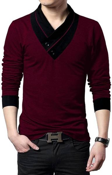 jambul Solid Men V Neck Maroon T-Shirt