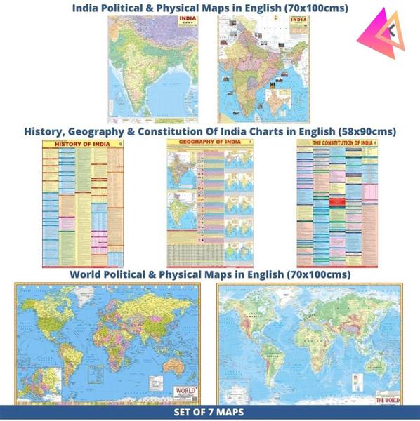 (PACK OF 7)India & W!orld Map ( Both Political & Physical )ENGLISH WALL MAPS (SIZE:40"28"), Constitution of India Chart, History of India Chart & Geog...