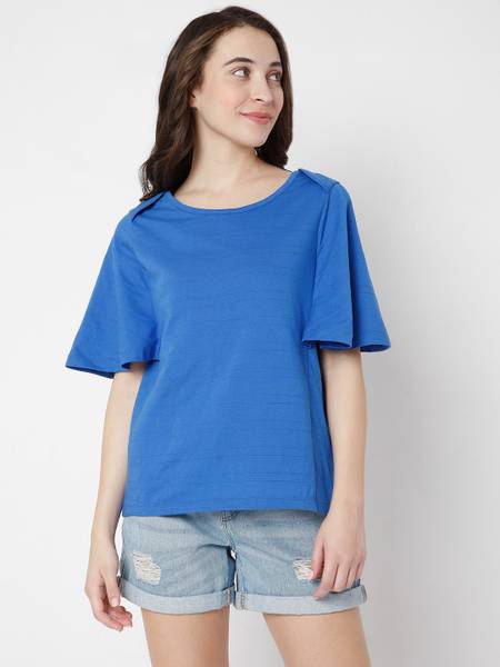 VERO MODA Solid Women Round Neck Blue T-Shirt
