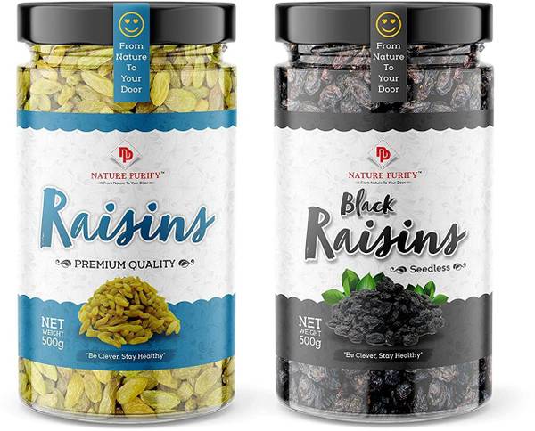 Nature Purify Green Raisins Black Raisins Seedless Dry Grapes kali kishmish 1kg (Pack of 2) Raisins